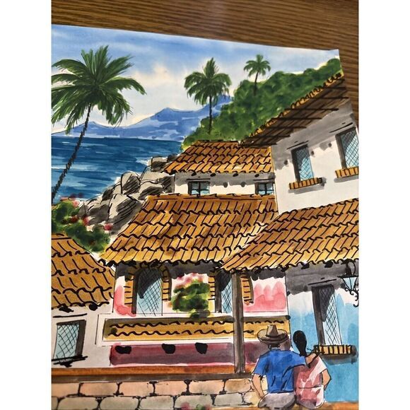Original Signed 1992 Diaz Watercolor: Seaside Resort Mexico Central America Love - Picture 6 of 13